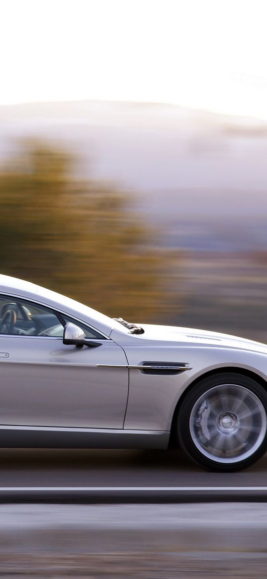 aston martin, rapide, 2009, silver, side view, speed