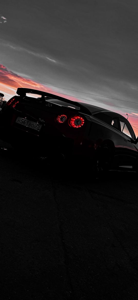 nissan, gtr, r35, car, black, dark