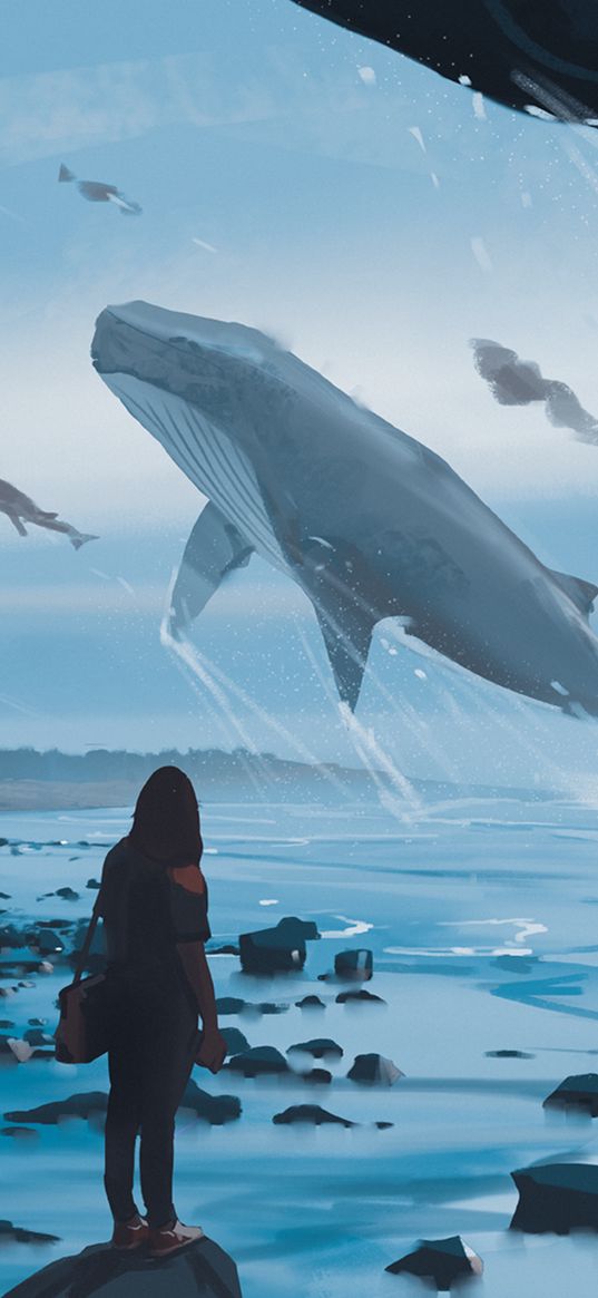 anime, girl, art, sea, whales