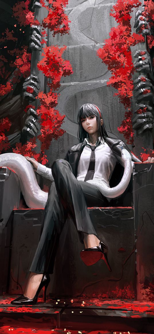 girl, business suit, throne, snake, flowers, black, red, anime, art