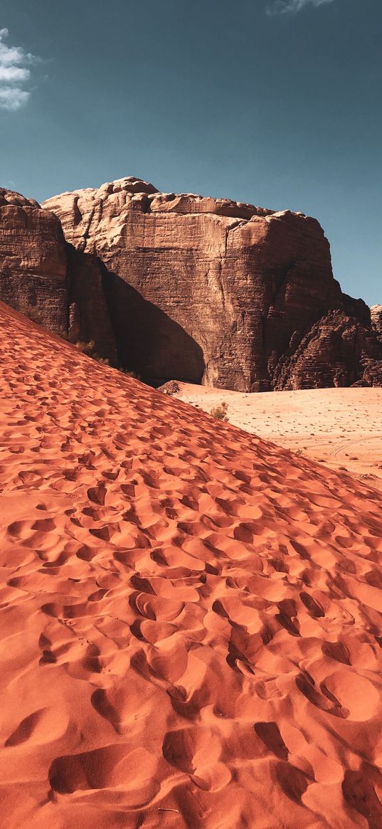 desert, sand, footprints, mountain, heat, clouds, sky, nature