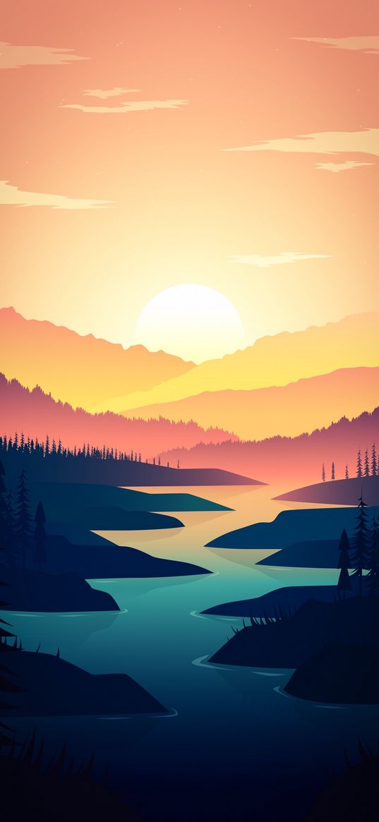 river, forest, hills, valley, sun, sunset, art