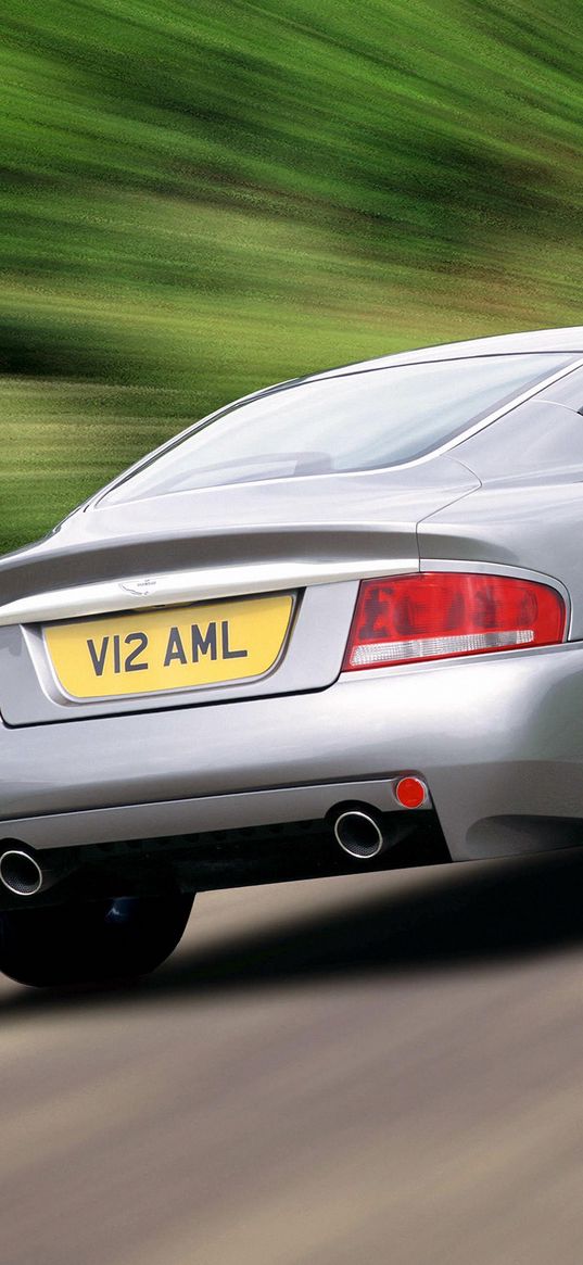 aston martin, v12, vanquish, 2001, silver, rear view, cars, speed