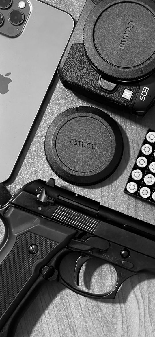 pistol, weapon, cartridges, camera, canon, phone, iphone, apple, black and white