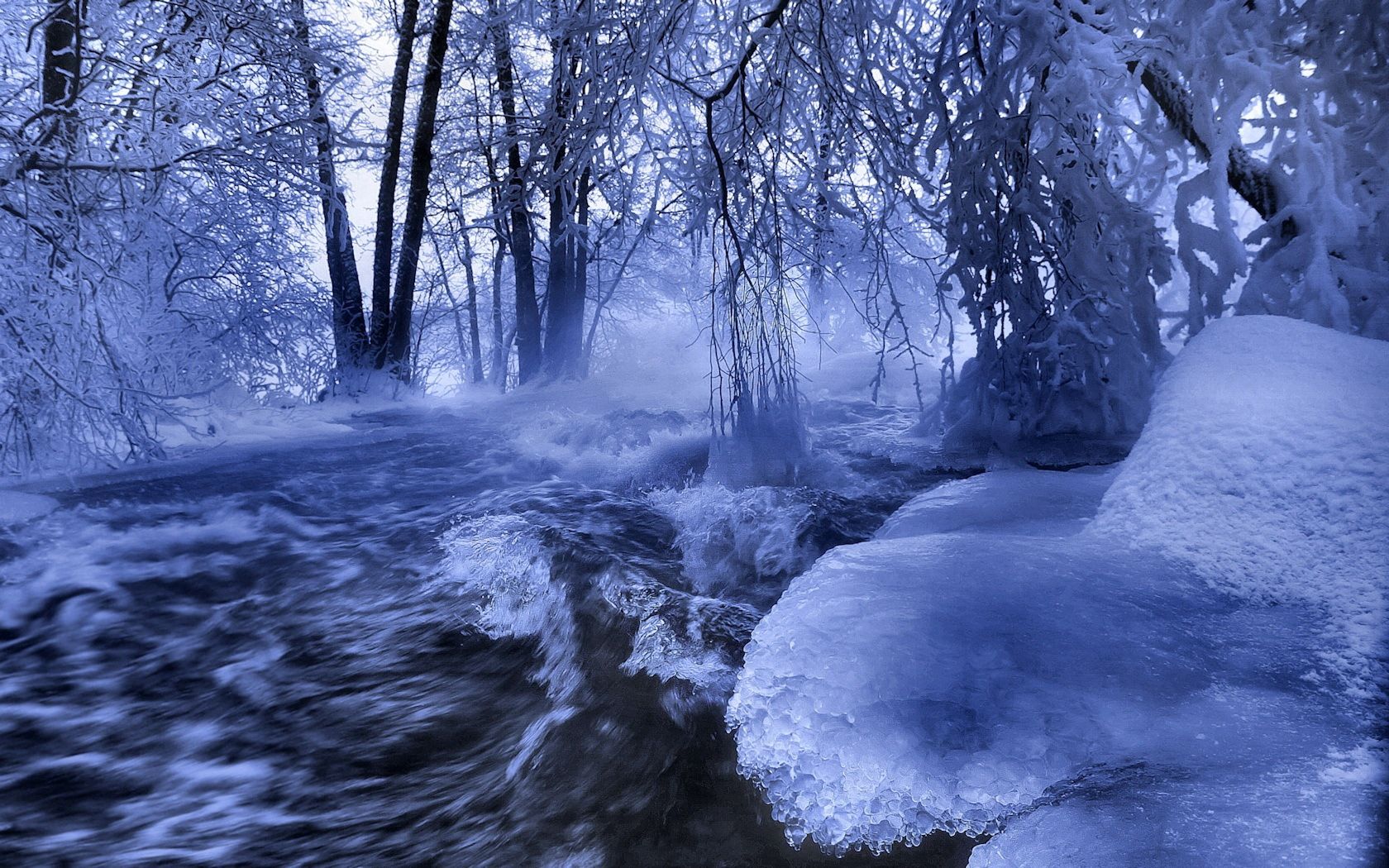 ice, water, stream, river, waves, trees, branches, hoarfrost