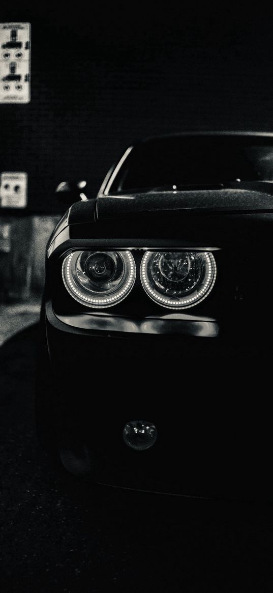 dodge challenger, dodge, car, dark, headlights, black and white