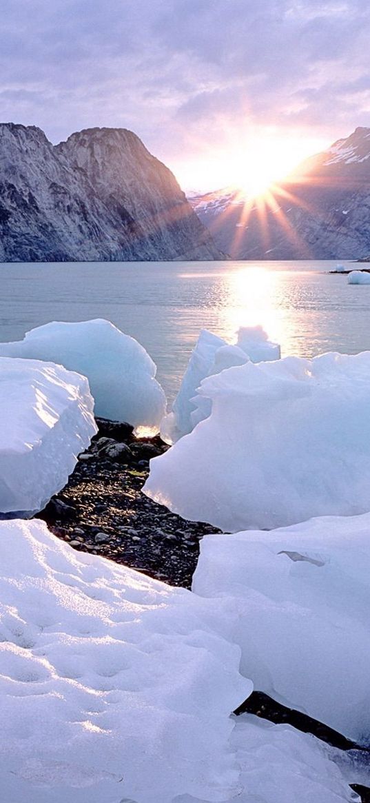 ice, pieces, blocks, coast, sun, mountains, horizon