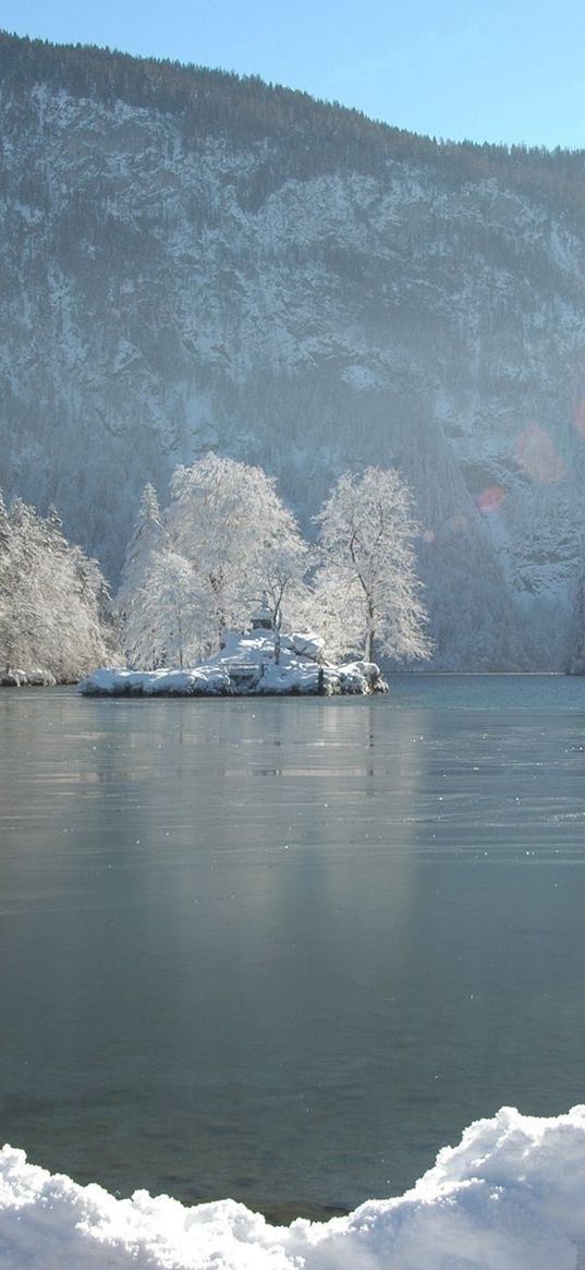 mountains, trees, hoarfrost, lake, day, winter