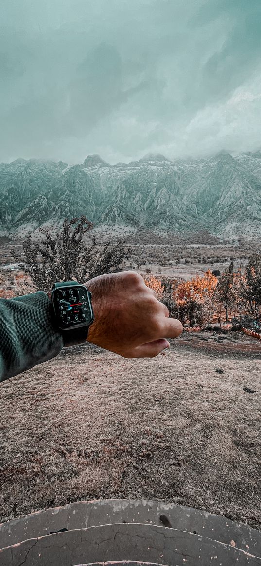 hand, watch, mountains, nature