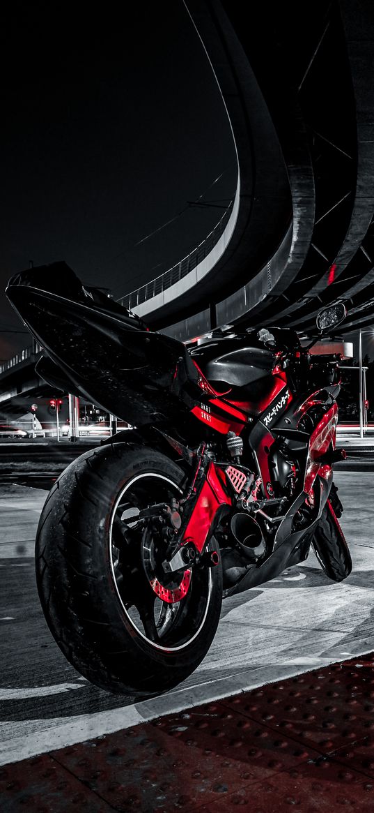 yamaha, bike, motorcycle, black, red, bridge