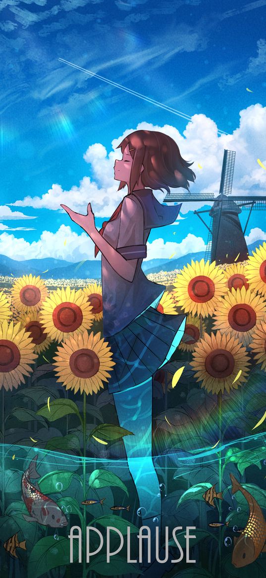 anime, girl, art, sky, cloud, sunflower, fish, water, windmill