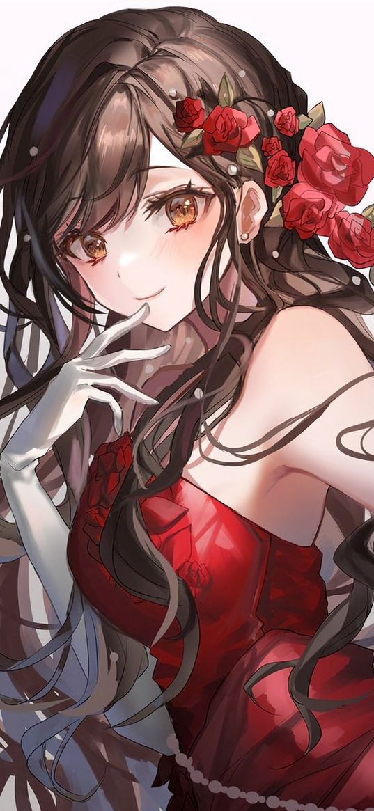 girl, anime, art, dress, roses, flowers, red