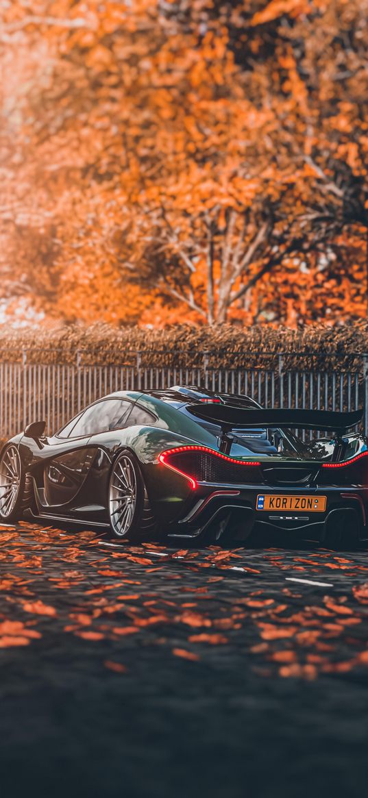 mclaren, car, sport car, green, leaves, autumn