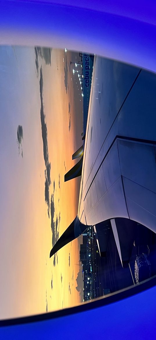 porthole, window, blue, airplane, wing, sunset