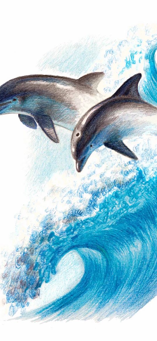 dolphins, sea, waves, blue, drawing, art