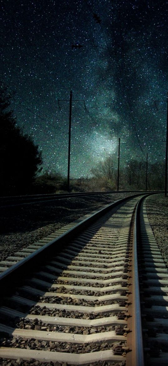 railway line, starry sky, night