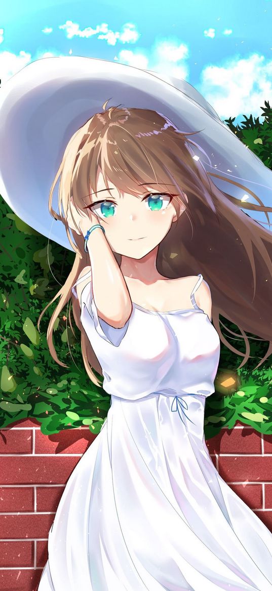 girl, hat, green eyes, dress, beautiful, cute, anime, summer, art