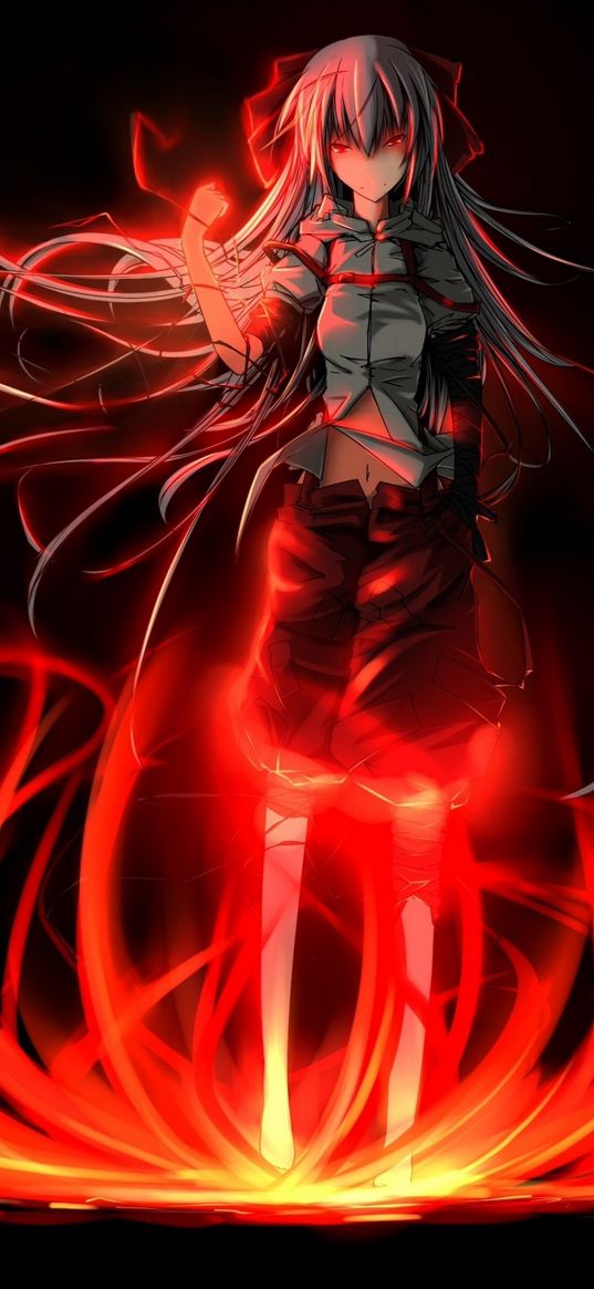 girl, gray hair, red eyes, magic, fire, flame, red, black background, anime, art