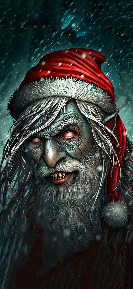 santa claus, angry, scary, hood, snow, art