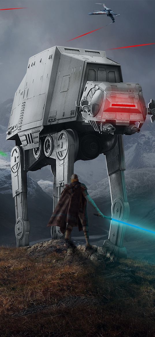 star wars, jedi, at-at, walker, spaceships, war, mountains, art