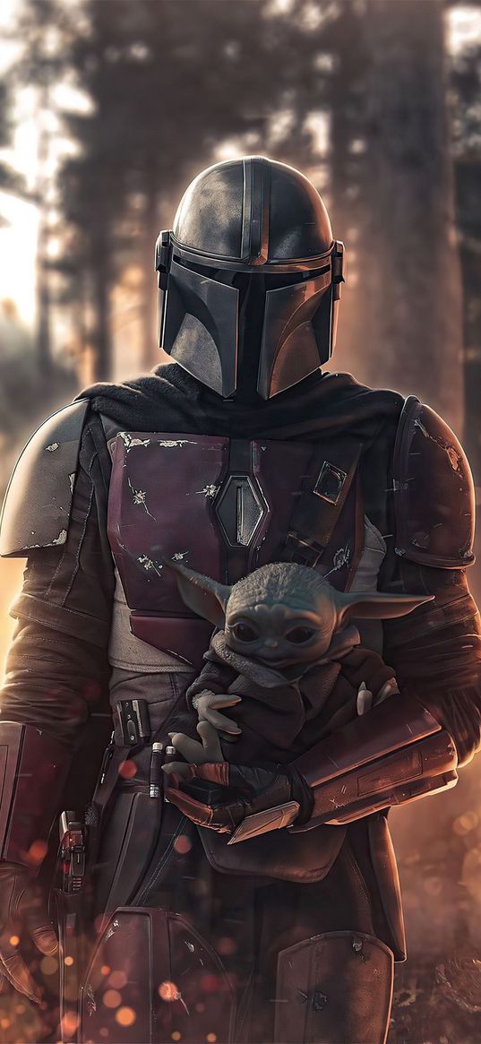 mandalorian, grogu, star wars, tv series, soldier, helmet, yoda, forest, art