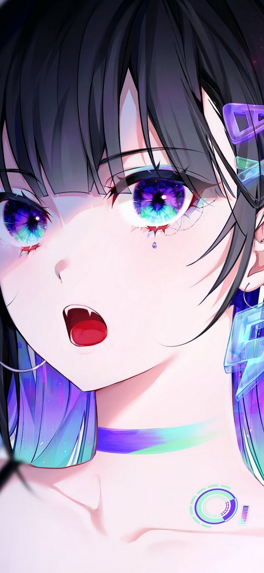 girl, fangs, vampire, purple eyes, earrings, hairpins, bright, colorful, anime, art