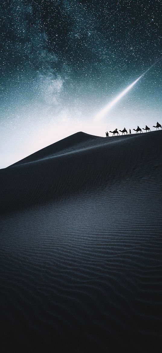 desert, dunes, sand, caravan, camels, milky way, starry sky, stars, comet, night