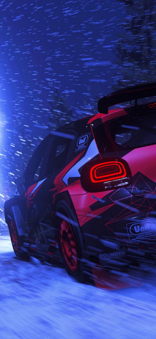 dirt, game, sports car, car, rally, snow, lightning, art