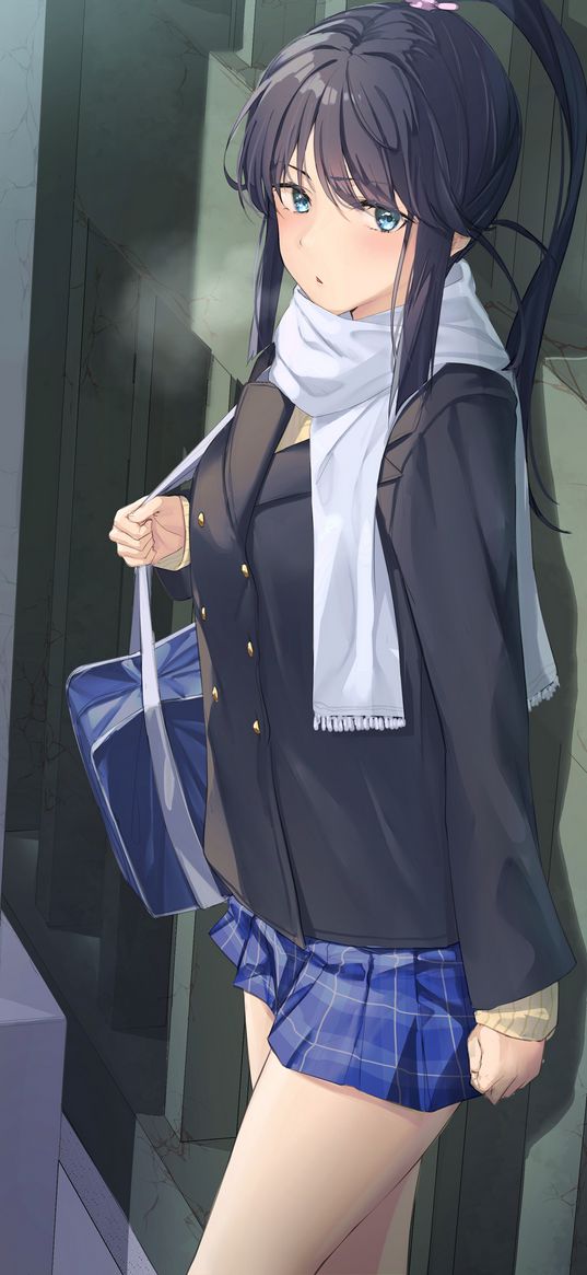 girl, blue eyes, jacket, short skirt, bag, scarf, cold, street, anime, art