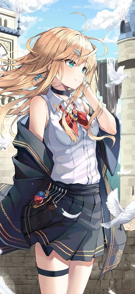 blonde, blue eyes, girl, uniform, pigeons, feathers, clock, tower, castle, anime, art