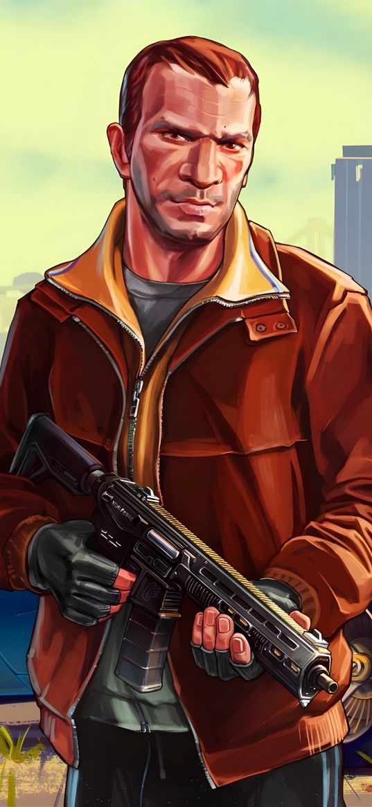 niko bellik, gta, game, art, poster, gangster, weapon, machine gun