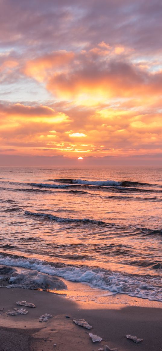 coast, sea, waves, horizon, sunrise