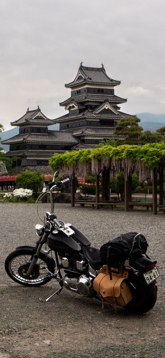 motorcycle, bike, pagoda