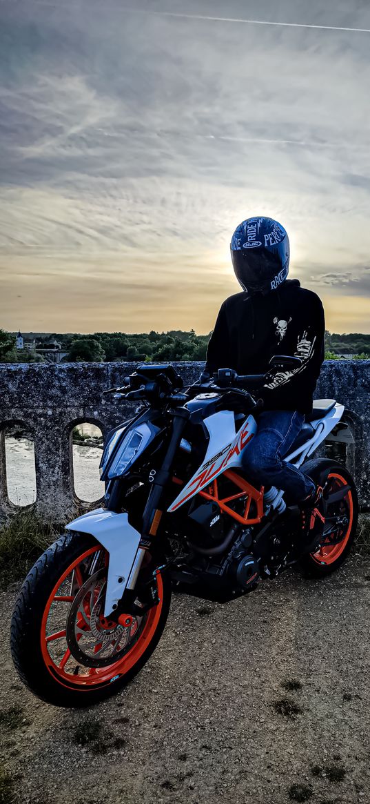 duke, ktm duke 390, bike, motorcycle, red, white, motorcyclist, bridge, sunset