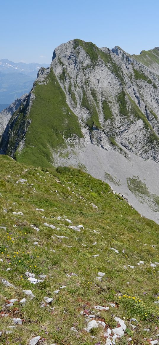 mountains, slopes, grass, nature