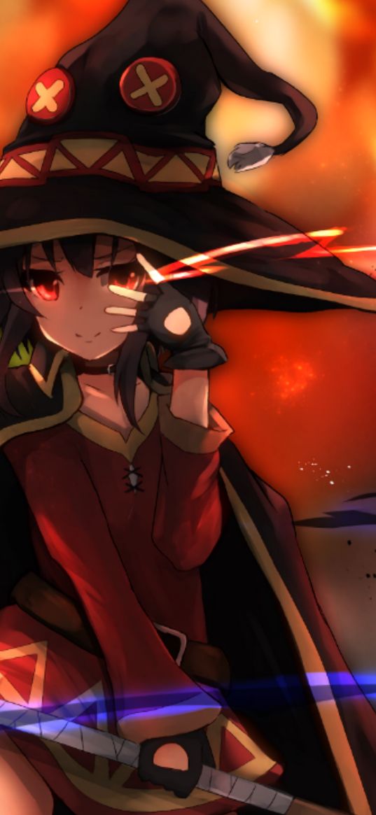 megumin, konosuba, anime, red, magic, broom