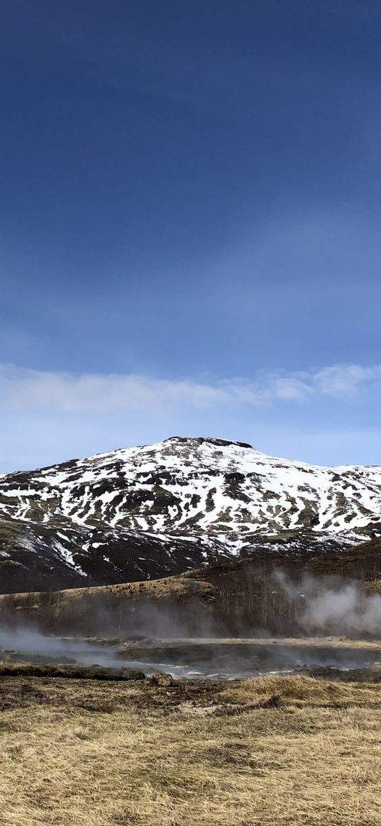 iceland, smoke, mountain, sky, blue, nature, tree, grass, snow, white