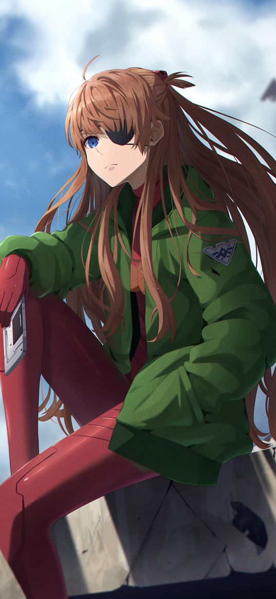 souryuu asuka langley, evangelion, anime, girl, art, sky, clouds