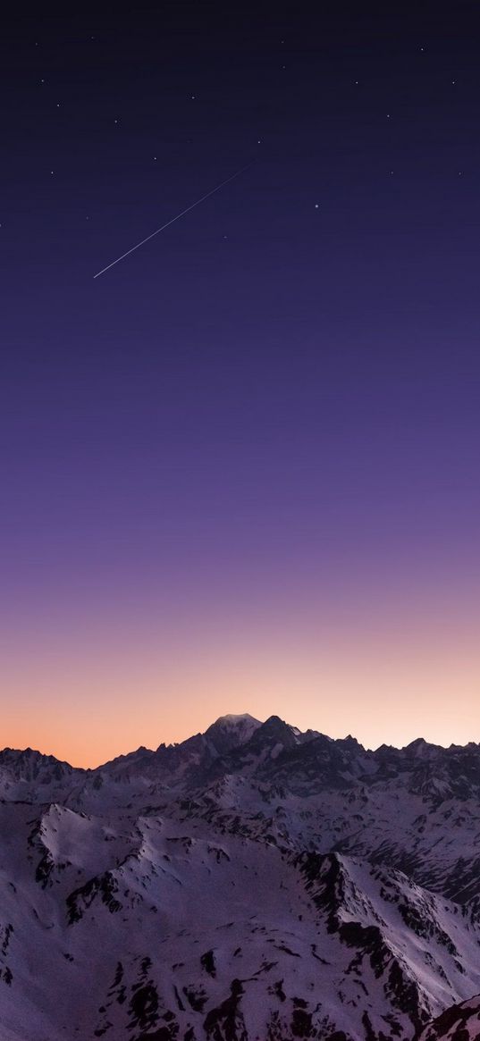 mountains, snow, sunset, stars, comets, sky, gradient, nature