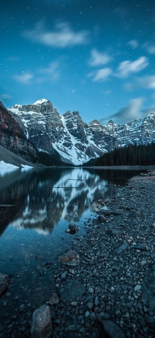 mountains, snow, lake, pebble