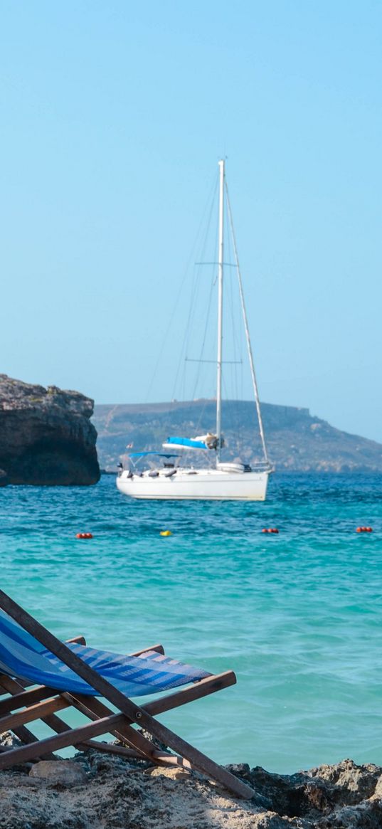 deck chairs, sea, boat, rocks