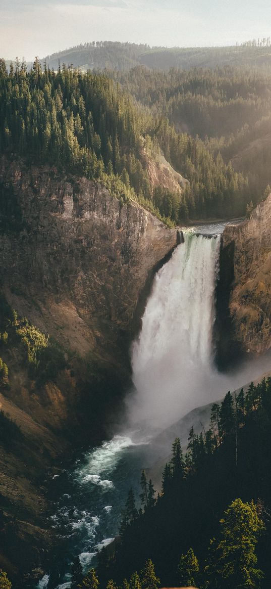 waterfall, christmas trees, trees, river, mountains, forest, nature