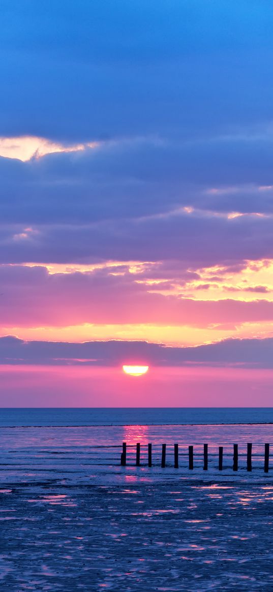 pilings, sea, sunset