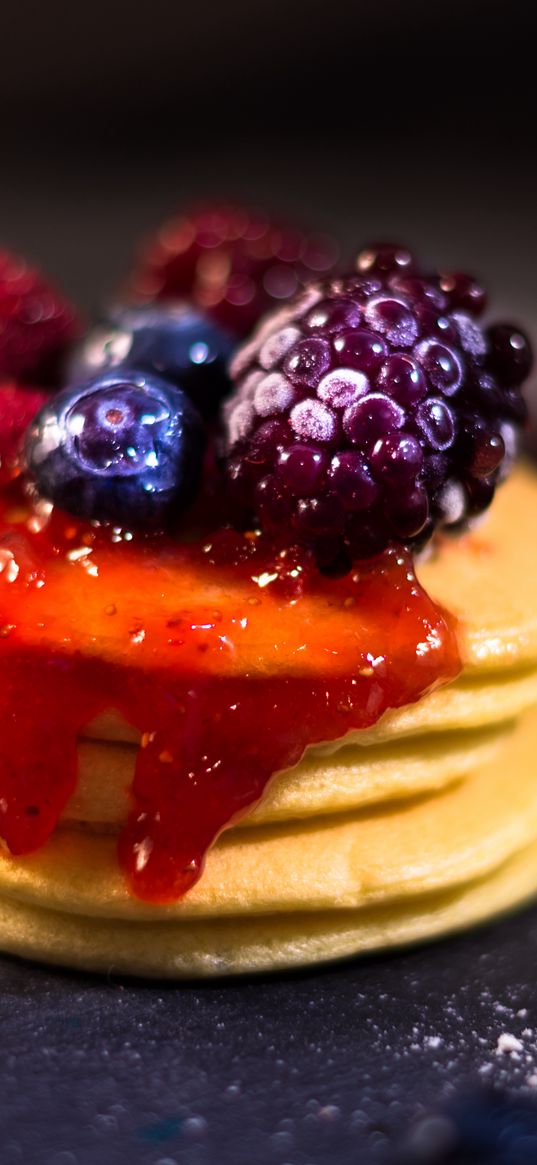 pancakes, berries, jam, dessert