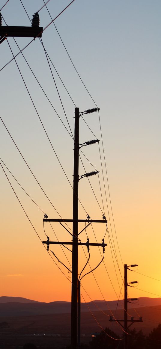 poles, wires, power lines, hills, sunset, evening, sky