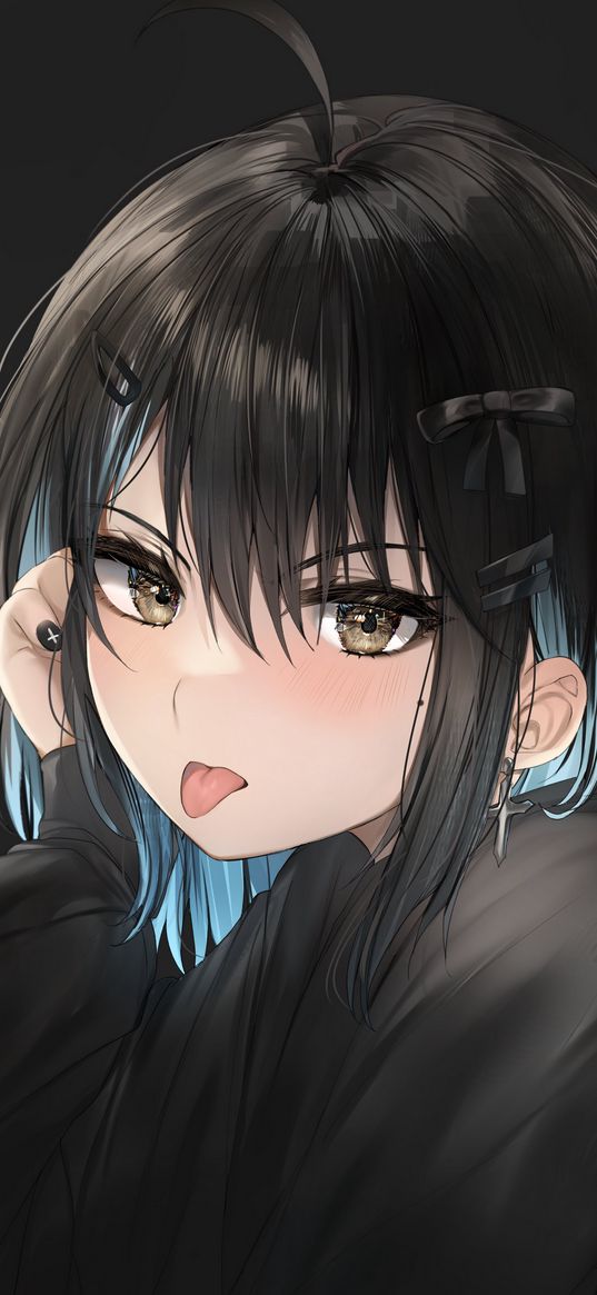 girl, anime, art, hoodie, black, hair clips, tongue