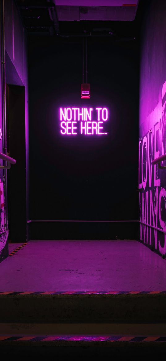 stairs, graffiti, signboard, neon, purple