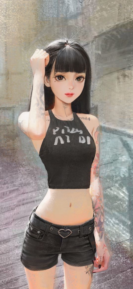 girl, anime, art, tattoo, top, shorts, black