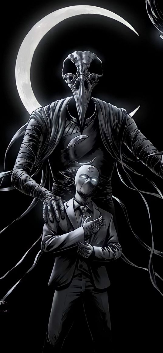 moon knight, superhero, marvel, business suit, skull, god, staff, moon, black and white, art