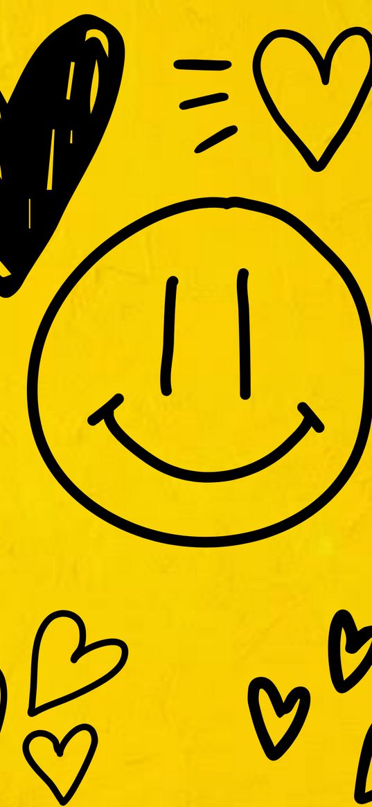 smiley, hearts, yellow, drawing, art